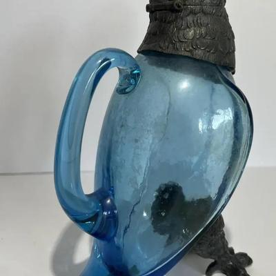 Antique Very Scarce Blue Glass Owl Decanter with Stopper 8" Tall in VG Preowned Condition.