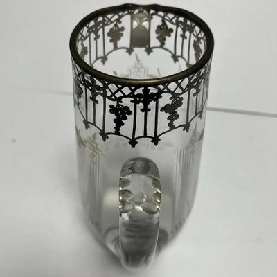Antique Silver Overlay Early Etched Leaded Glass Pitcher 9-3/4" Tall in VG Preowned Condition.