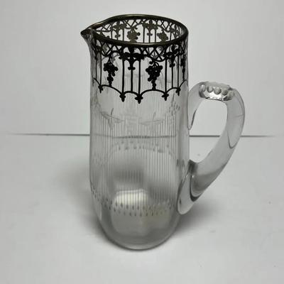 Antique Silver Overlay Early Etched Leaded Glass Pitcher 9-3/4" Tall in VG Preowned Condition.