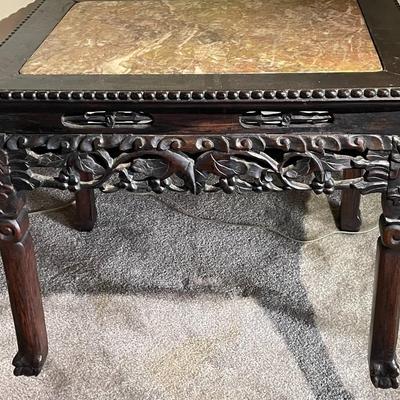 Chinese Hongmu Carved Side Table w/Agate/Marble Slab Top Qing Dynasty 19th Century 22" x 17" x 17.5" in Good Preowned...
