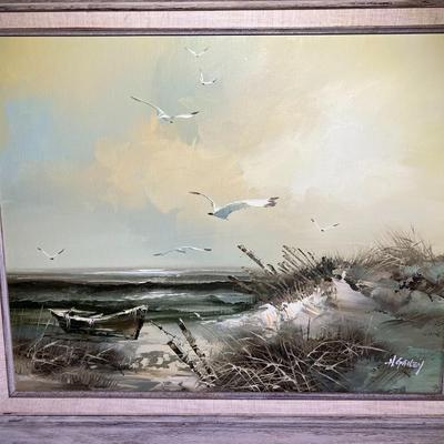 H. GAILEY (Noted Artist) Oil/Acrylic on Canvas Seascape Scene Frame Size 23.5" x 27.5" in Good Preowned Condition.
