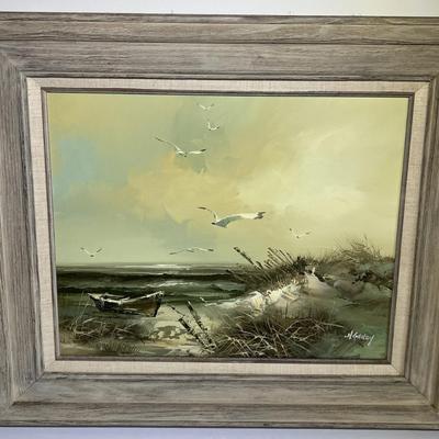 H. GAILEY (Noted Artist) Oil/Acrylic on Canvas Seascape Scene Frame Size 23.5" x 27.5" in Good Preowned Condition.