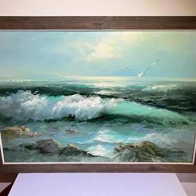H. GAILEY (Noted Artist) Oil/Acrylic on Canvas Seascape Scene Frame Size 28" x 40" in Good Preowned Condition.
