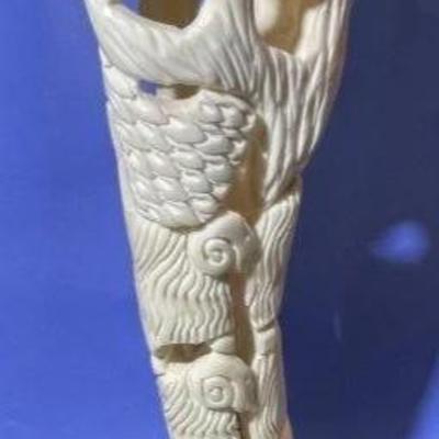 Vintage Israeli Hand Carved Bone Shepherd/Sheep Vase by Uchitel 12" Tall in VG Preowned Condition.