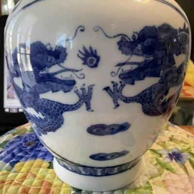 Chinese Blue & White Dragon Jar/Vase Heavy Porcelain Body Boldly Painted in Cobalt Blue w/4 Four-Clawed 12-1/2" Tall Preowned.