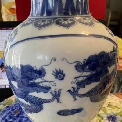 Chinese Blue & White Dragon Jar/Vase Heavy Porcelain Body Boldly Painted in Cobalt Blue w/4 Four-Clawed 12-1/2" Tall Preowned.