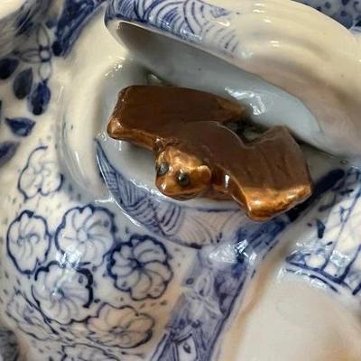 Vintage Chinese Blue & White Immortal HeHe Porcelain Figurine 10.75" Tall & 8" Wide in VG Preowned Condition from an...