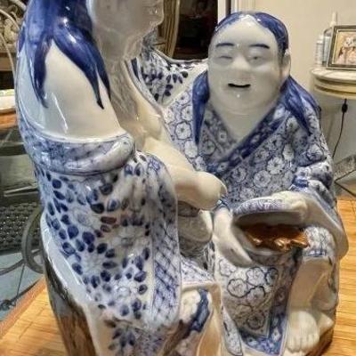 Vintage Chinese Blue & White Immortal HeHe Porcelain Figurine 10.75" Tall & 8" Wide in VG Preowned Condition from an...