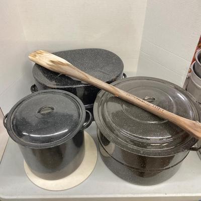 731 Lot of Three Enamelware Steamer Pots with Cajun Crawfish Paddle