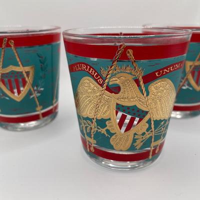 3 vintage Cera "E Pluribus Unum" or "Regimental Drum" old-fashioned glass