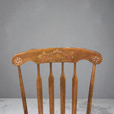 VIntage Spindle Back Boston Rocker With Stenciled Floral And Fruit Motif on Top Rail