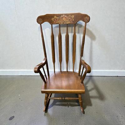 VIntage Spindle Back Boston Rocker With Stenciled Floral And Fruit Motif on Top Rail