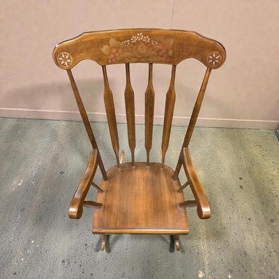 VIntage Spindle Back Boston Rocker With Stenciled Floral And Fruit Motif on Top Rail