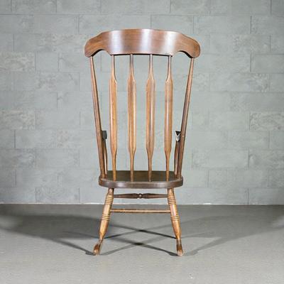 VIntage Spindle Back Boston Rocker With Stenciled Floral And Fruit Motif on Top Rail