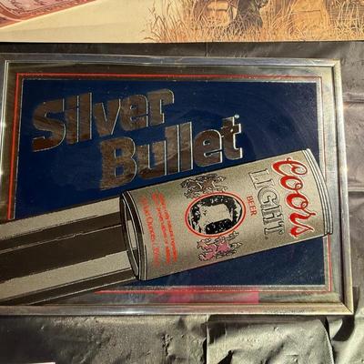85-Metal beer, sign, and framed mirrored sign