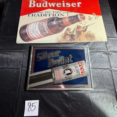 85-Metal beer, sign, and framed mirrored sign
