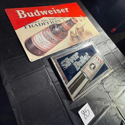 85-Metal beer, sign, and framed mirrored sign