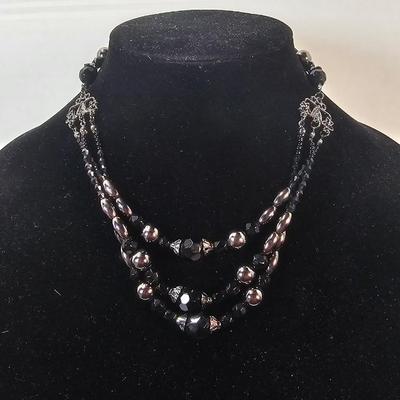 Vintage Black & Silver Multi-Strand Beaded Necklace with Faceted Glass and Metallic Accents