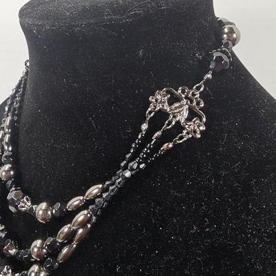 Vintage Black & Silver Multi-Strand Beaded Necklace with Faceted Glass and Metallic Accents
