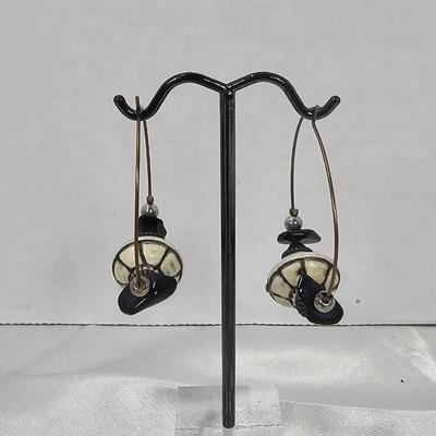 Handcrafted Artisan Hoop Earrings with Cream Mosaic Beads & Black Stone Accents