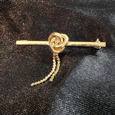 Vintage Gold Tone Love Knot Tie Tack Pin with Chain and Bar - Diamond Accent