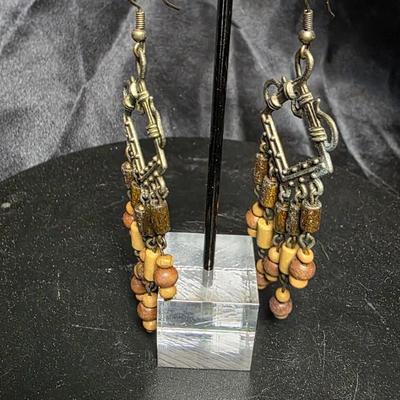 Vintage Boho Chandelier Earrings with Wood Beads & Aged Metal