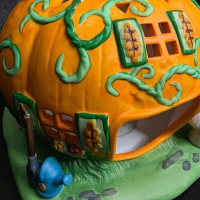 PartyLite “Pumpkin Patch Cottage” Ceramic Tealight Holder – Retired Collectible Autumn Pumpkin House with Original Box