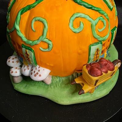 PartyLite “Pumpkin Patch Cottage” Ceramic Tealight Holder – Retired Collectible Autumn Pumpkin House with Original Box