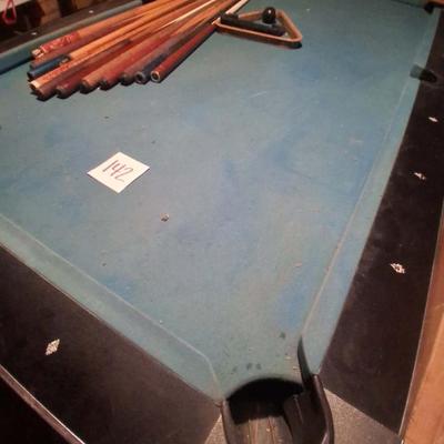 142-Pool Table and Cues, Rack, brush and chalk