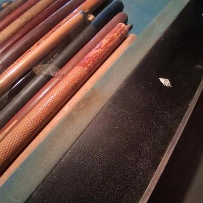 142-Pool Table and Cues, Rack, brush and chalk