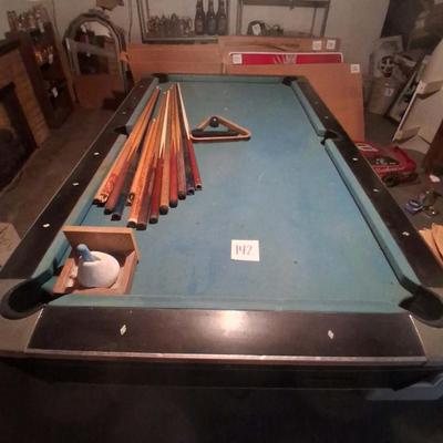 142-Pool Table and Cues, Rack, brush and chalk
