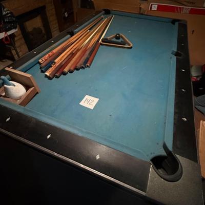 142-Pool Table and Cues, Rack, brush and chalk