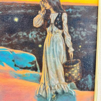 Sale Photo Thumbnail #300: 20X24X2 The painting is a reproduction of Maxfield Parrish's famous 1929 work, Ecstasy. The original painting, known for its luminous colors and ethereal quality, is held in a private collection. 
Ecstasy depicts a woman in contemplation on a cliffside, w