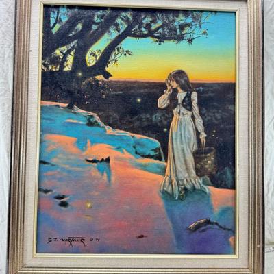 Sale Photo Thumbnail #302: 20X24X2 The painting is a reproduction of Maxfield Parrish's famous 1929 work, Ecstasy. The original painting, known for its luminous colors and ethereal quality, is held in a private collection. 
Ecstasy depicts a woman in contemplation on a cliffside, w