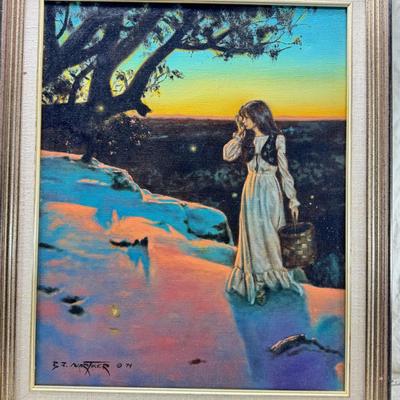 Sale Photo Thumbnail #298: 20X24X2 The painting is a reproduction of Maxfield Parrish's famous 1929 work, Ecstasy. The original painting, known for its luminous colors and ethereal quality, is held in a private collection. 
Ecstasy depicts a woman in contemplation on a cliffside, w