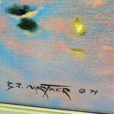 Sale Photo Thumbnail #299: 20X24X2 The painting is a reproduction of Maxfield Parrish's famous 1929 work, Ecstasy. The original painting, known for its luminous colors and ethereal quality, is held in a private collection. 
Ecstasy depicts a woman in contemplation on a cliffside, w