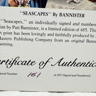 Sale Photo Thumbnail #315: Large framed he image is a limited edition lithograph titled Seascapes by the late artist Patti Bannister. The print is signed and numbered, with an edition size of 485.  It was created in 1990 and measures 21" x 17". Framed size is  20 X 24X2 No shipping