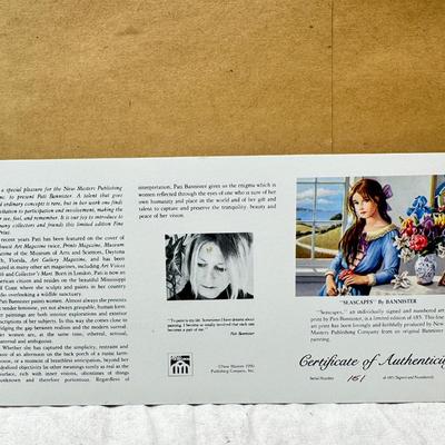 Sale Photo Thumbnail #314: Large framed he image is a limited edition lithograph titled Seascapes by the late artist Patti Bannister. The print is signed and numbered, with an edition size of 485.  It was created in 1990 and measures 21" x 17". Framed size is  20 X 24X2 No shipping