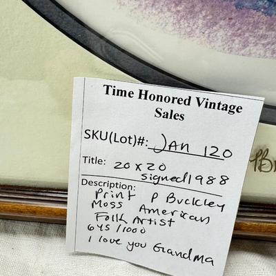 Sale Photo Thumbnail #353: 1988 The item is a framed limited edition print titled "I Love You Grandma" by artist P. Buckley Moss. 
It is a limited edition piece, often hand-signed and numbered by the artist. 
The image depicts a young girl on a staircase with cats. 20 X 20"