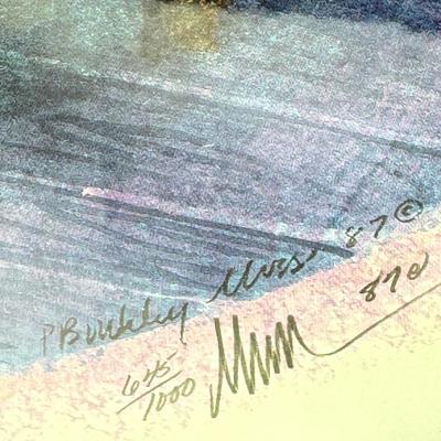 Sale Photo Thumbnail #348: 1988 The item is a framed limited edition print titled "I Love You Grandma" by artist P. Buckley Moss. 
It is a limited edition piece, often hand-signed and numbered by the artist. 
The image depicts a young girl on a staircase with cats. 20 X 20"