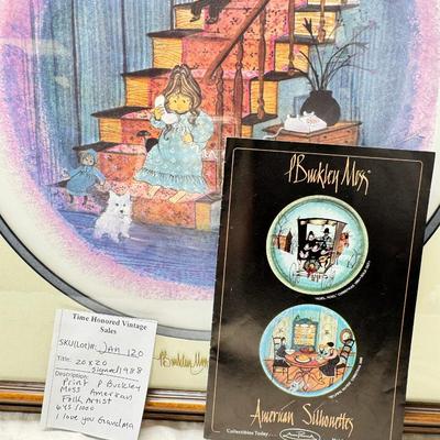 Sale Photo Thumbnail #352: 1988 The item is a framed limited edition print titled "I Love You Grandma" by artist P. Buckley Moss. 
It is a limited edition piece, often hand-signed and numbered by the artist. 
The image depicts a young girl on a staircase with cats. 20 X 20"