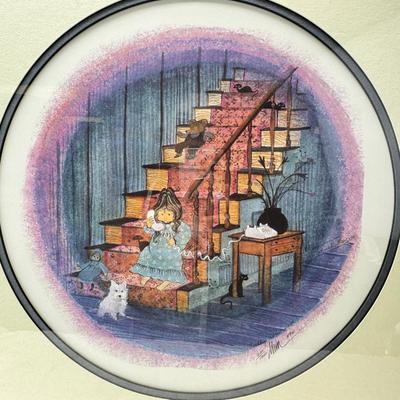 Sale Photo Thumbnail #351: 1988 The item is a framed limited edition print titled "I Love You Grandma" by artist P. Buckley Moss. 
It is a limited edition piece, often hand-signed and numbered by the artist. 
The image depicts a young girl on a staircase with cats. 20 X 20"