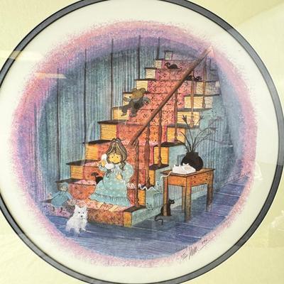 Sale Photo Thumbnail #354: 1988 The item is a framed limited edition print titled "I Love You Grandma" by artist P. Buckley Moss. 
It is a limited edition piece, often hand-signed and numbered by the artist. 
The image depicts a young girl on a staircase with cats. 20 X 20"