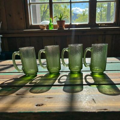 Vintage Anchor Hocking Soreno Avocado Green Glass Chip and Dip Set with Four Beer Steins