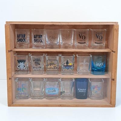 LOT 126: 18-Piece Shot Glass Display Case with NIP Wine Glass, Puzzle & Drink Cozy
