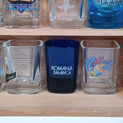 LOT 126: 18-Piece Shot Glass Display Case with NIP Wine Glass, Puzzle & Drink Cozy