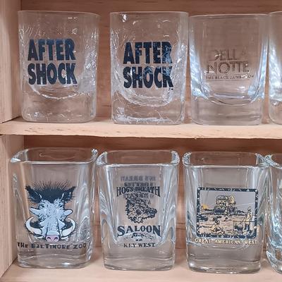LOT 126: 18-Piece Shot Glass Display Case with NIP Wine Glass, Puzzle & Drink Cozy