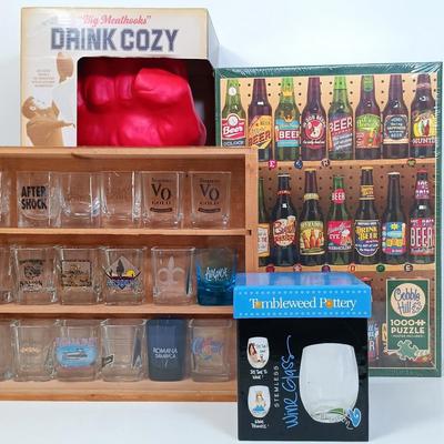 LOT 126: 18-Piece Shot Glass Display Case with NIP Wine Glass, Puzzle & Drink Cozy