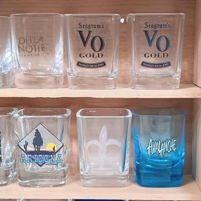 LOT 126: 18-Piece Shot Glass Display Case with NIP Wine Glass, Puzzle & Drink Cozy