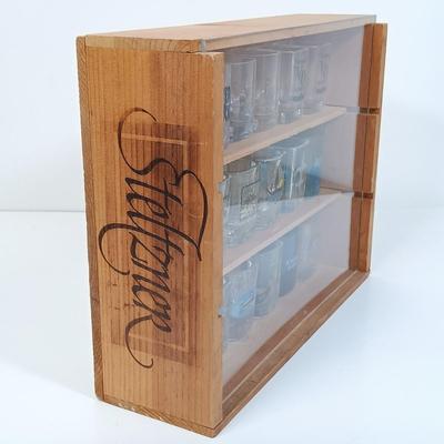 LOT 126: 18-Piece Shot Glass Display Case with NIP Wine Glass, Puzzle & Drink Cozy